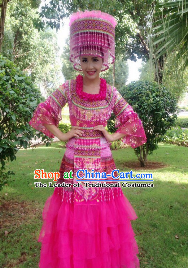 Traditional Chinese Miao Tribe Clothing Suits Garment Outfits and Hat Complete Set for Women or Girls