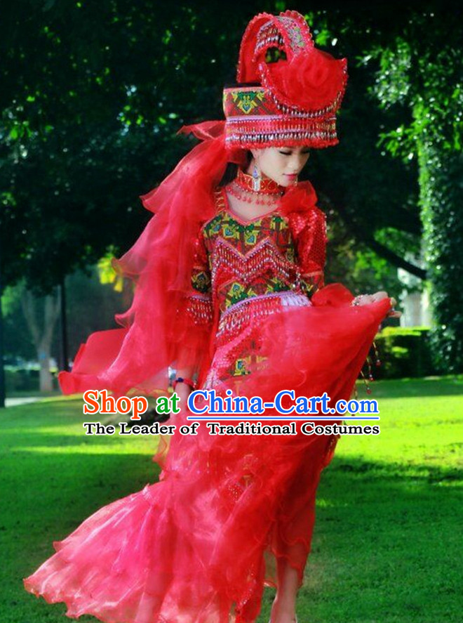 Traditional Chinese Miao Tribe Clothing Suits Garment Outfits and Hat Complete Set for Women or Girls