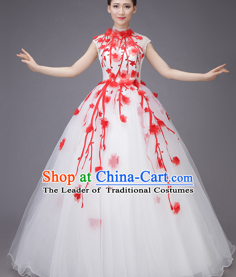 Chinese Plum Blossom Long Evening Dress Opening Dance Festival Parade Costumes and Hair Accessories Complete Set