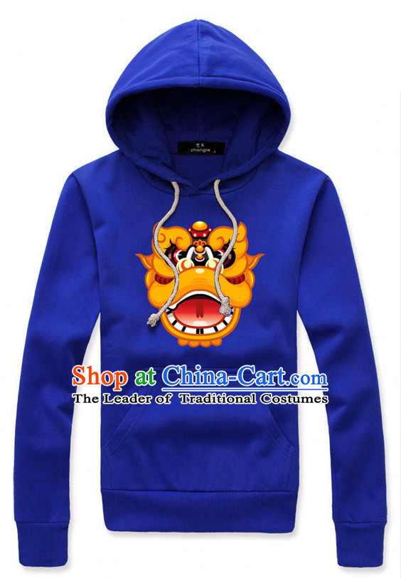 Special Design Blue Lion Dancer Dragon Dancer Hoodie Uniform Costumes Dance Costume Outfits and Head Bands Complete Set for Men or Women