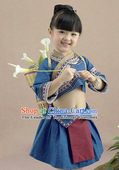 Traditional Chinese Miao Dress and Headwear Complete Set for Kids