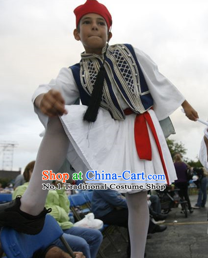 Traditional Greek Children Dress National Clothing and Hat Complete Set for Children