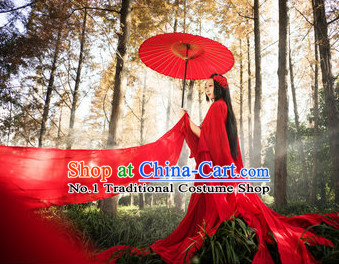 Asian Red Fairy Costumes Complete Set with Long Trails