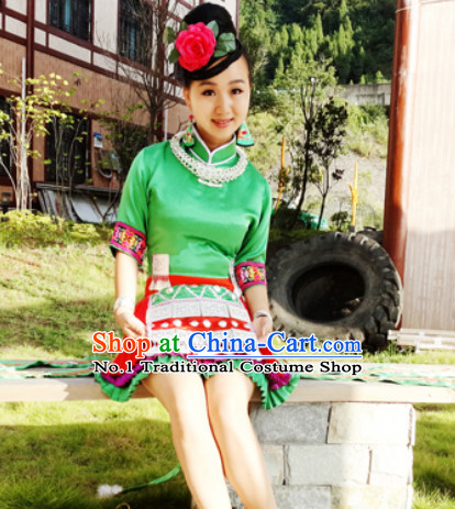 China Hmong Miao Ethnic Clothes and Silver Hat for Girls