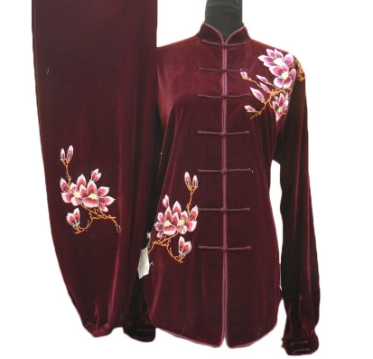 Top Dark Red Velvet Spring Autumn Winter Wear Kung Fu Clothing Complete Set