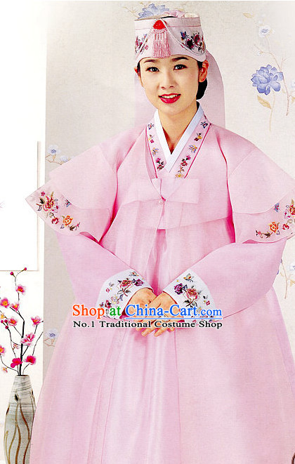 Top South Korean Bridal Brides Hanbok Wedding Dress and Hat Complete Set