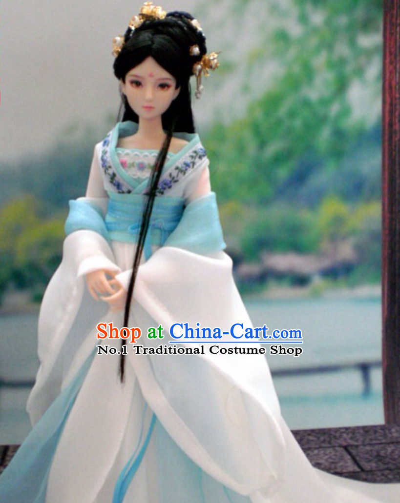 China Civilization Chinese Blue Hanfu Clothing and Hair Jewelry Complete Set for Women