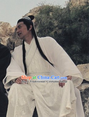 Chinese Ancient White Hanfu Costumes and Hair Bands Complete Set for Men