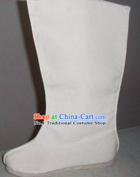 Handmade Chinese Traditional White Hanfu Fabric Boots Footwear