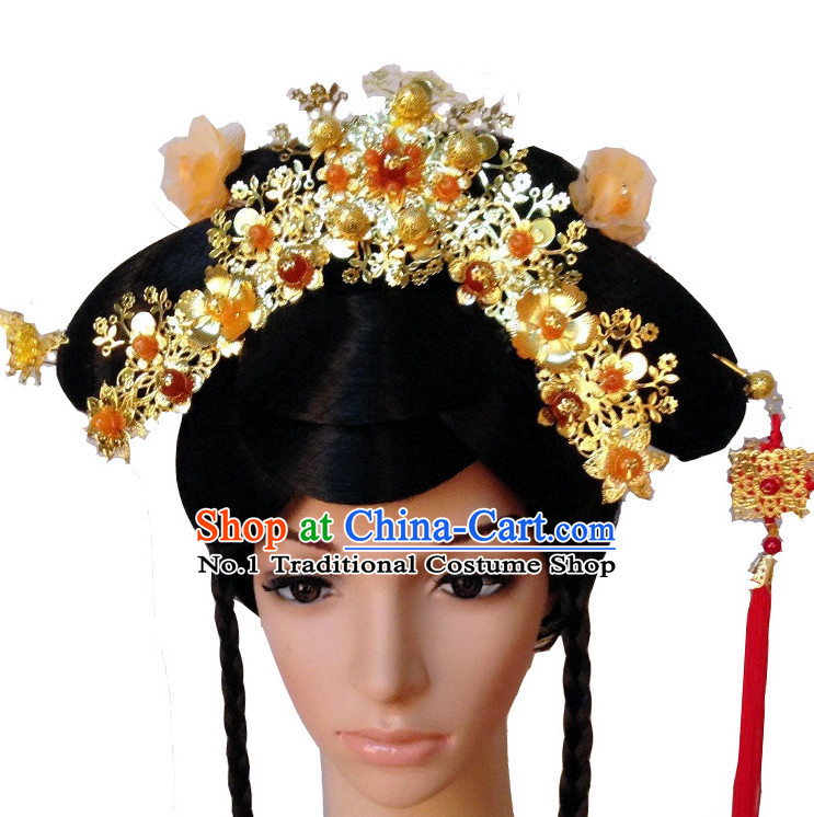 Handmade Chinese Empress Long Black Wig and Hair Jewelry