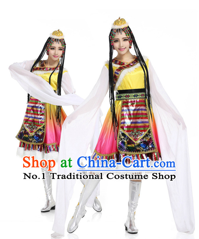 Chinese Traditional Tibetan Dancing Apparel Dance Attire and Headpiece Complete Set for Women