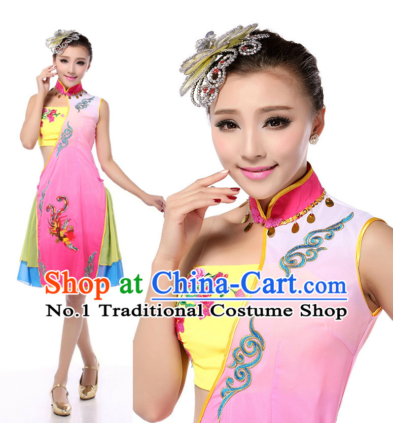 Chinese Stage Cheongsam Qipao Costumes Dance Stores Dance Gear Dance Attire and Hair Accessories Complete Set