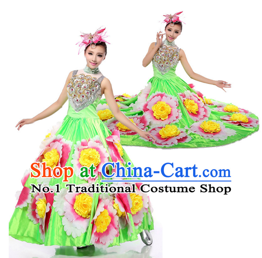 Chinese Stage Costumes Dance Stores Dance Gear Dance Attire and Hair Accessories Complete Set