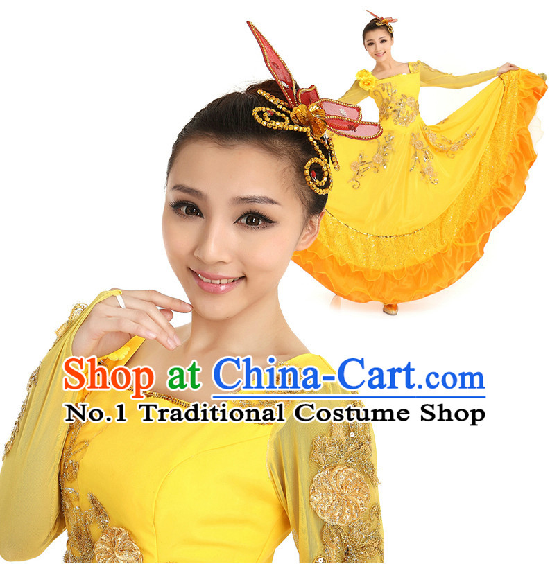 Asian Chinese Fan Dancing Costume Dance Attire and Hair Accessories Complete Set