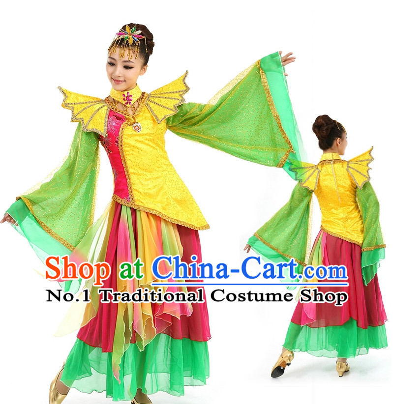 Asian Chinese Dancing Costume Dance Attire and Hair Accessories Complete Set