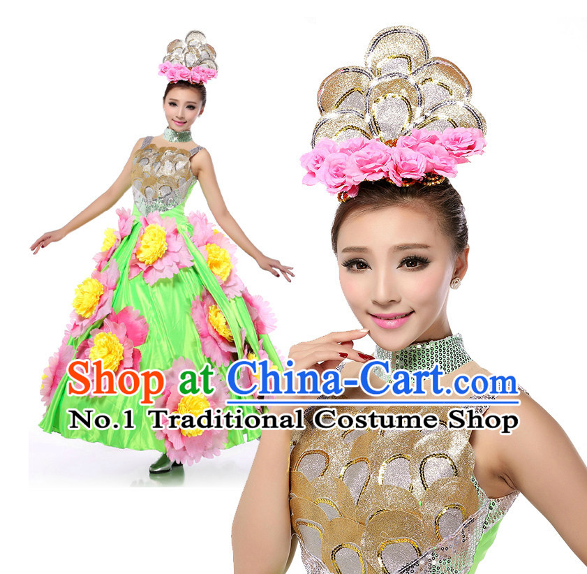 Chinese Stage Dancing Costumes Apparel Dance Stores Dance Gear Dance Attire and Hair Accessories Full Set