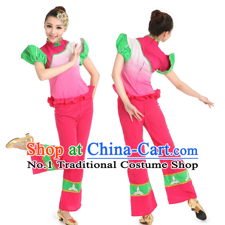 Chinese Fan Dancing Costumes Apparel Dance Stores Dance Gear Dance Attire and Hair Accessories Full Set