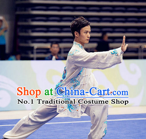 Top Embroidered Dragon Tai Chi Swords Championship Costumes Taijiquan Uniforms Quigong Uniform Thaichi Martial Arts Qi Gong Kung Fu Combat Clothing Competition Clothes for Men