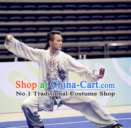 Top Embroidered Dragon Tai Chi Swords Championship Costumes Taijiquan Uniforms Quigong Uniform Thaichi Martial Arts Qi Gong Kung Fu Combat Clothing Competition Clothes for Men