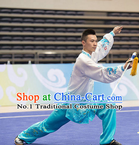 Top Embroidered Tai Chi Sword Championship Costumes Taijiquan Costume Aikido Chikung Tichi Swords Uniforms Quigong Uniform Thaichi Martial Arts Qi Gong Combat Clothing Competition Uniforms