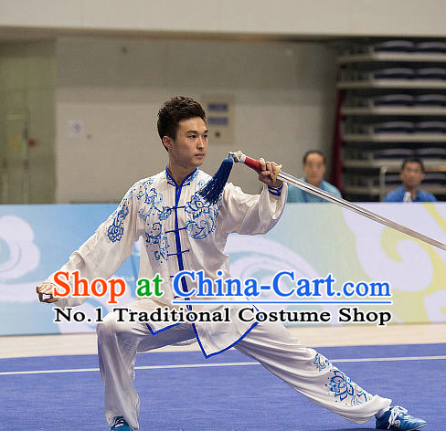 Top Embroidered Tai Chi Sword Championship Costumes Taijiquan Costume Aikido Chikung Tichi Swords Uniforms Quigong Uniform Thaichi Martial Arts Qi Gong Combat Clothing Competition Uniforms