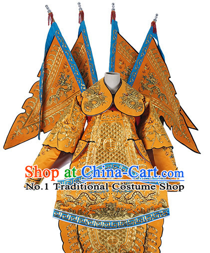 Chinese Yellow Theatrical Costume Beijing Opera Costumes Peking Opera Wu Sheng Embroidered Armor Costumes and Flags for Men