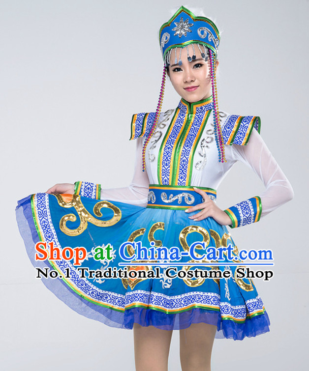 Asian Mongolian Dancing Costumes and Hat Complete Set for Women