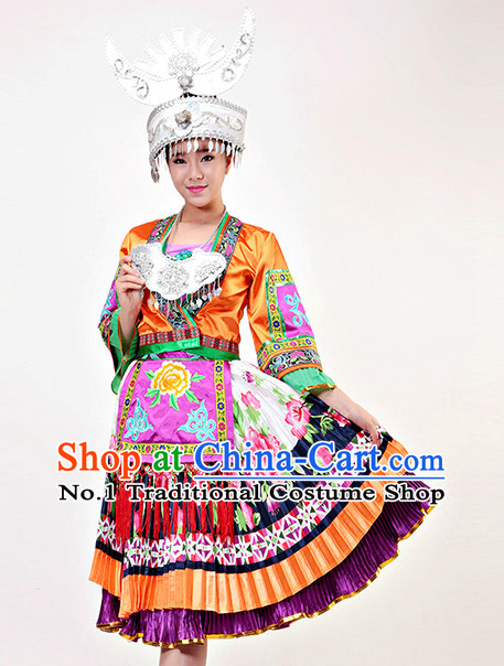 Chinese Miao Ethnic Minority Competition Dance Costumes and Hat Complete Set for Women