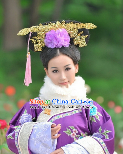 Chinese Qing Dynasty Empress Long Robe Folk Dress and Headpieces Complete Set for Women