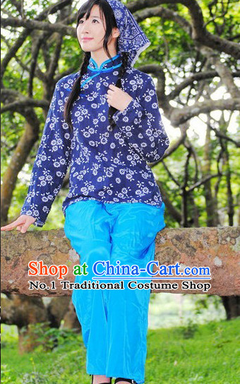 Asian Fashion Chinese Old Society Village Girls Dance Costumes and Headwear