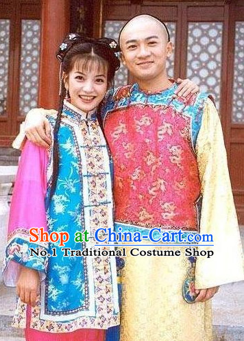 Chinese Traditional Manchu Noblewomen and Noblenen Costumes and Headpieces Complete Set