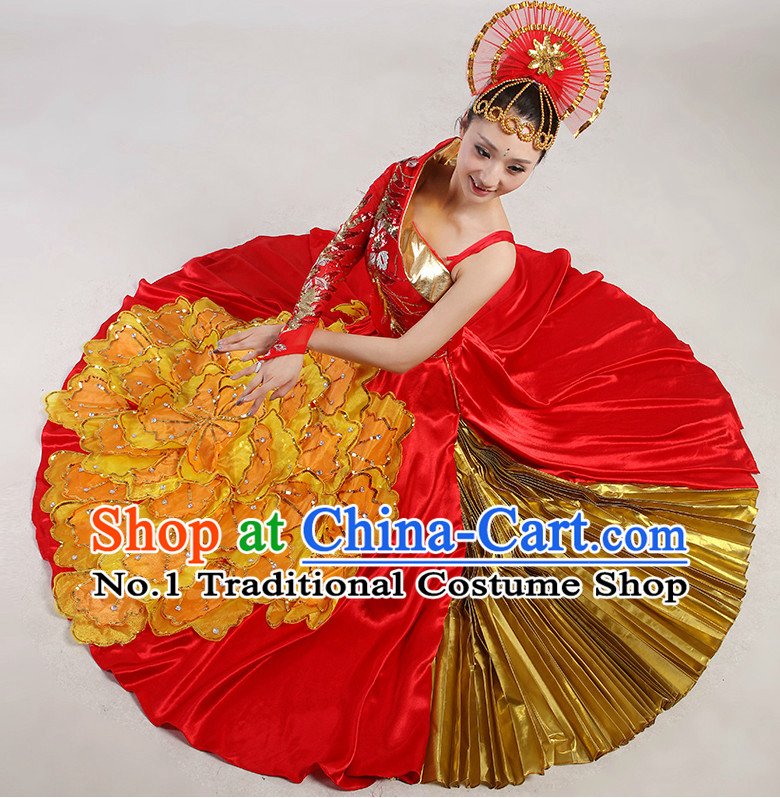 Chinese Folk Flower Dancing Costume and Headwear Complete Set for Women