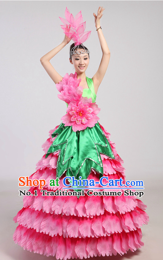 Chinese Flower Dance Costumes and Headwear Complete Set for Women