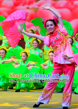 China Traditional Fan Dance Costumes and Headwear Complete Set for Women