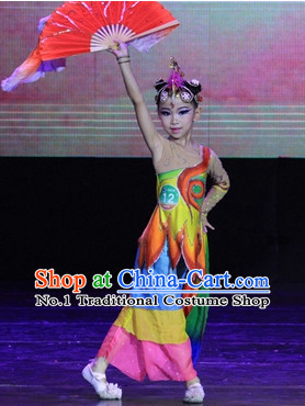 Traditional Chinese Fan Dance Costumes and Headwear for Kids