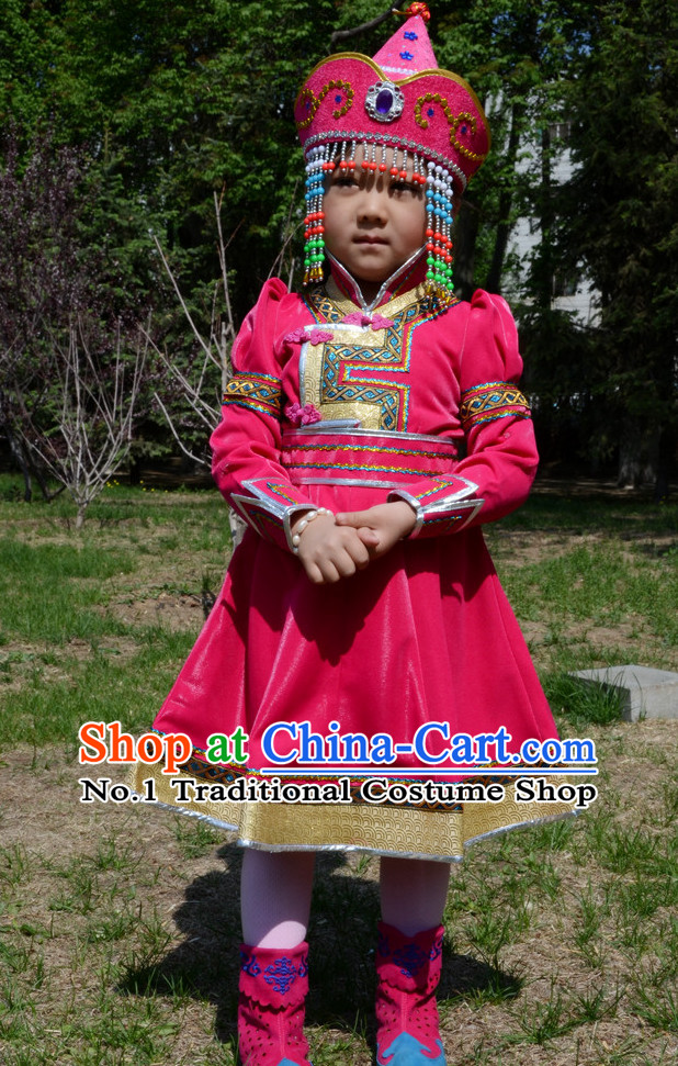 Traditional Chinese Photo Costume Mongolian Clothing and Hat Complete Set for Child