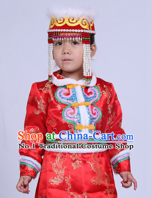 Traditional Chinese Mongolian Long Robe and Hat Complete Set Kids