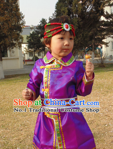 Traditional Chinese Mongolian Long Robe and Hat Complete Set Kids