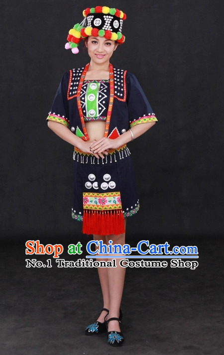 Traditional Chinese Ethnic Minority Wa People Clothing and Hat Complete Set for Women