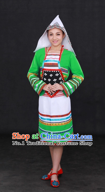 Traditional Chinese Ethnic Jino Nationality People Folk Dresses and Hat Complete Set for Women