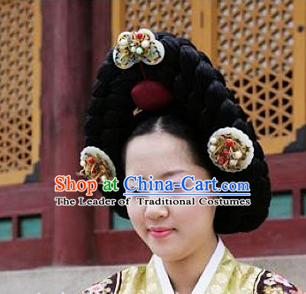 Ancient Korean Palace Lady Long Black Wigs and Hair Jewelry Accessories Complete Set