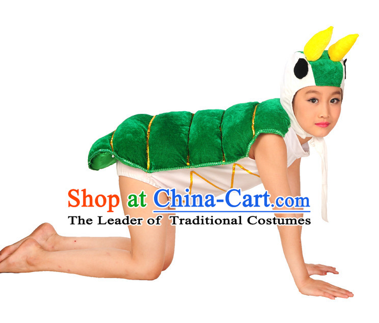 Group Green Silkworm Dance Costumes and Red Leaf Hair Decorations for Kids