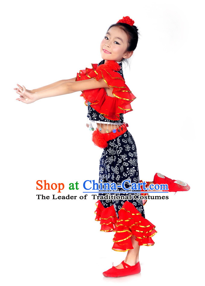 Folk Dance Costumes and Red Flower Hair Decorations for Kids