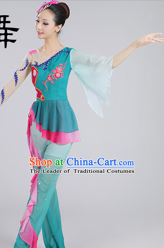 Chinese Classic Fan Dance Costumes and Headpieces Complete Set for Woen