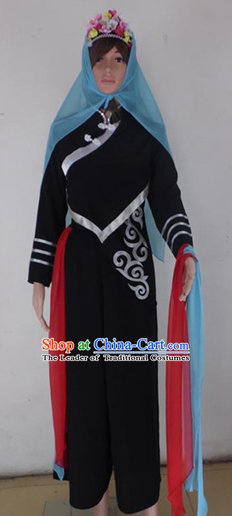 Chinese Quality Folk Dance Costumes and Bamboo Hat Complete Set for Women