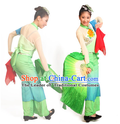 Chinese Teenagers Folk Fan Dance Costume and Headpieces for Competition