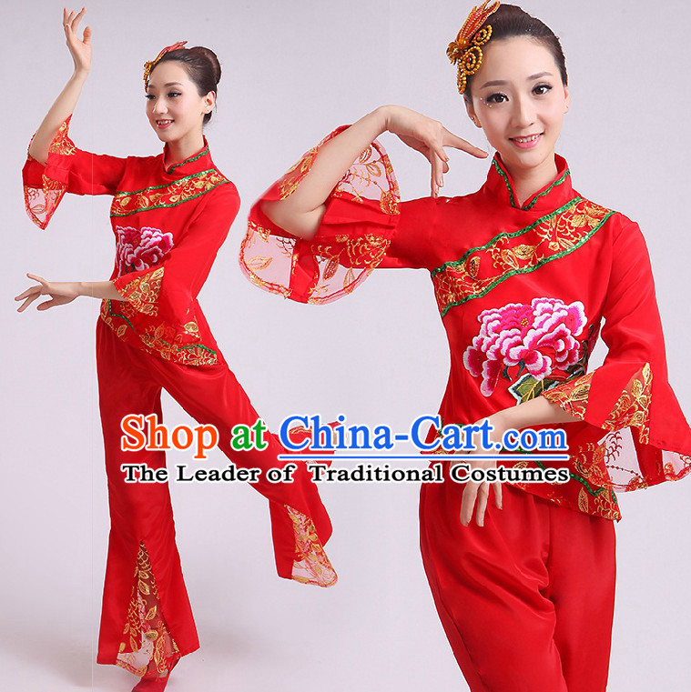 Chinese Fan Dance Costumes Team Dancing Costume Dancewear China Dress Dance Wear and Headwear Complete Set