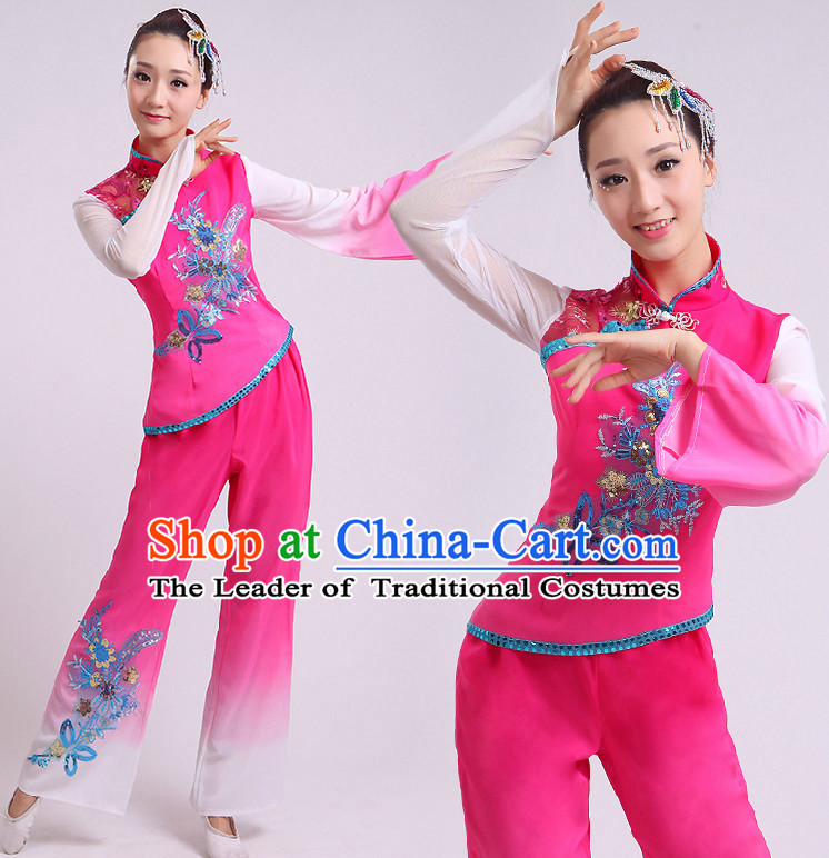 Chinese Fan Dance Costumes Ribbon Dancing Costume Dancewear China Dress Dance Wear and Hair Accessories Complete Set