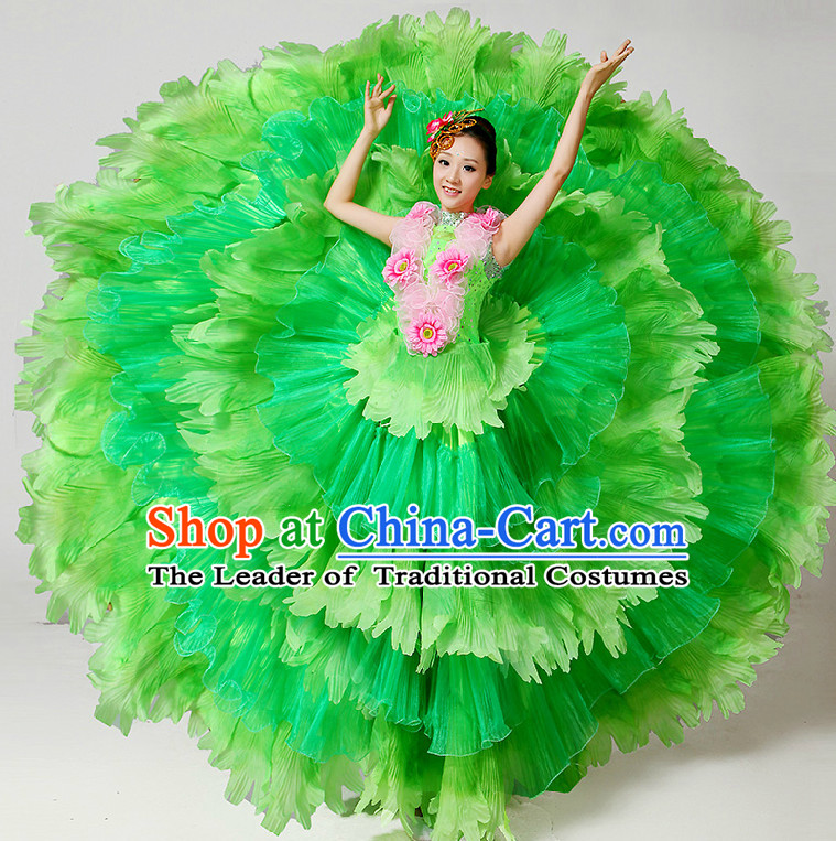 Chinese Stage Dance Costumes Ribbon Dancing Costume Dancewear China Dress Dance Wear and Hair Accessories Complete Set