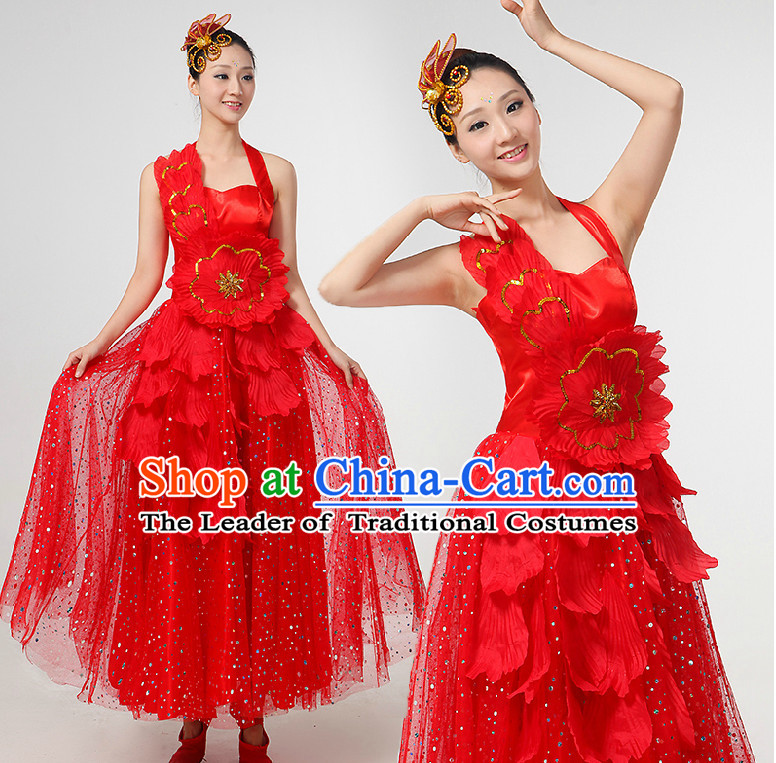 Chinese Festival Dance Costumes Ribbon Dancing Costume Dancewear China Dress Dance Wear and Hair Accessories Complete Set